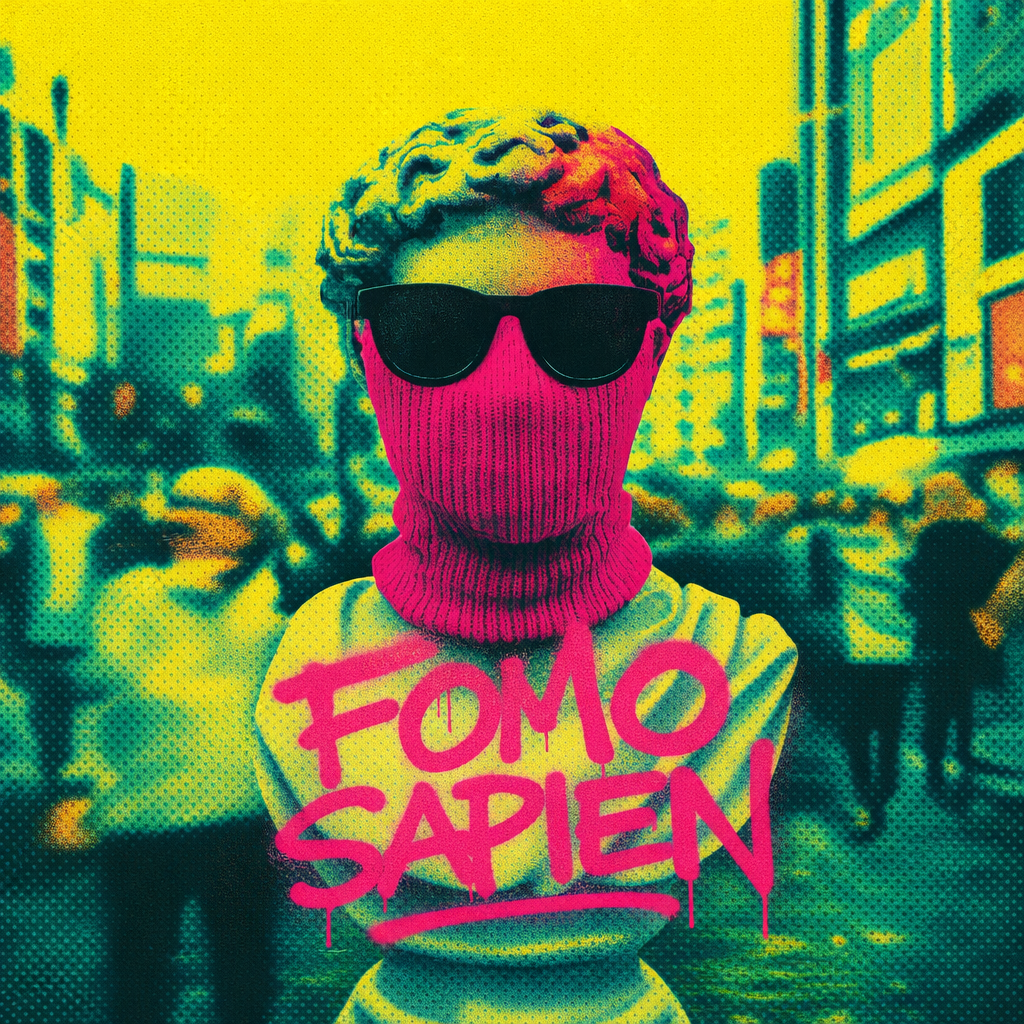 FOMO Sapien artwork: a masked figure in sunglasses in a city